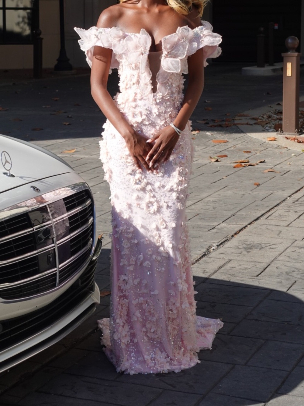 Strapless Blush Pink Floral Appliqué Evening Gown